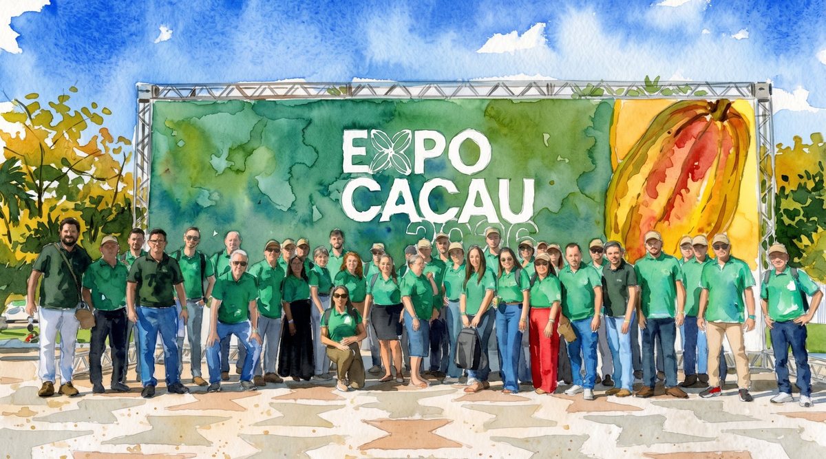 Aquarela: equipe de camisas verdes reunida diante do painel da ExpoCacau 2026.