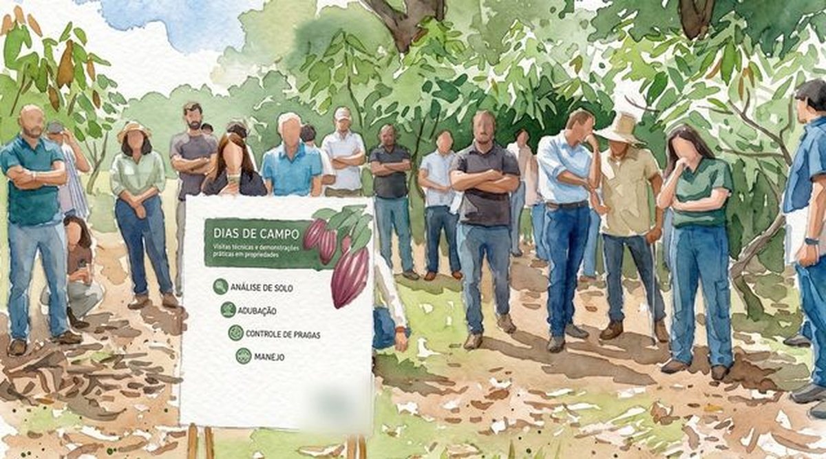 Aquarela: produtores e técnicos reunidos à sombra dos cacaueiros durante uma visita técnica de campo.