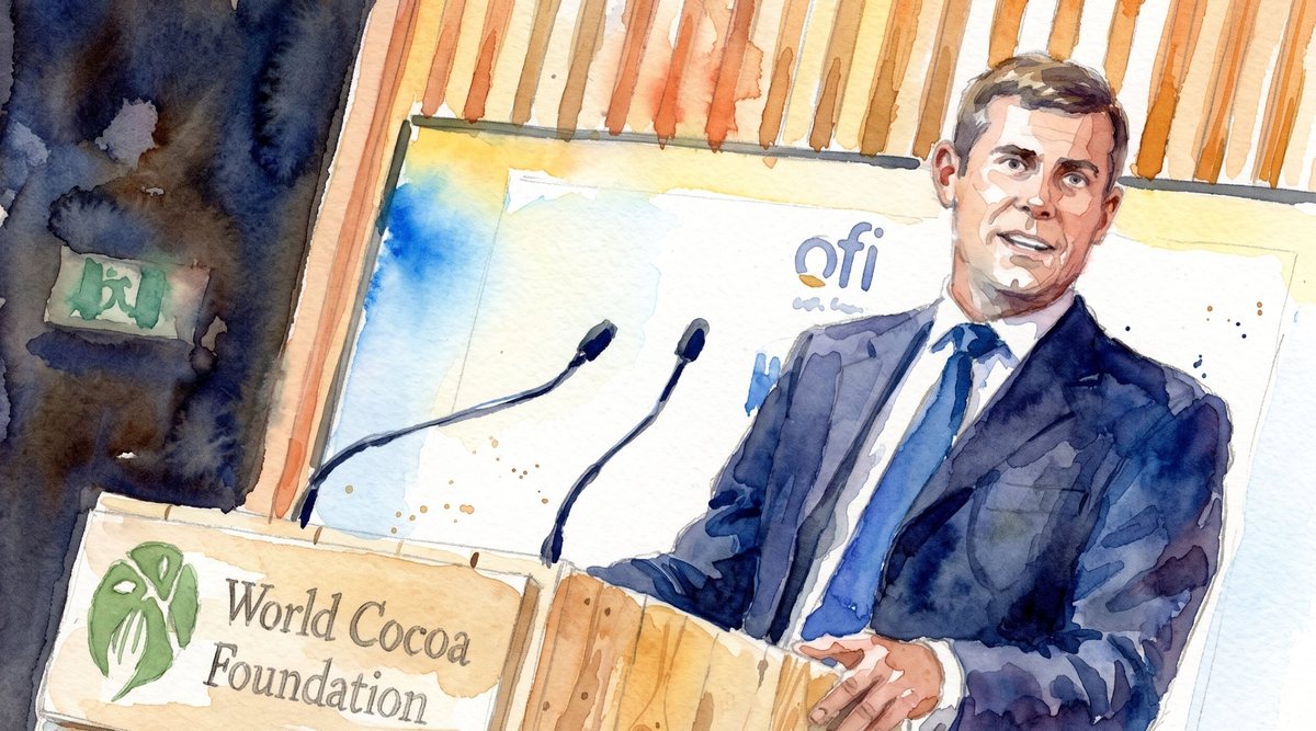 Aquarela: homem de terno e gravata fala ao microfone em um púlpito da World Cocoa Foundation.