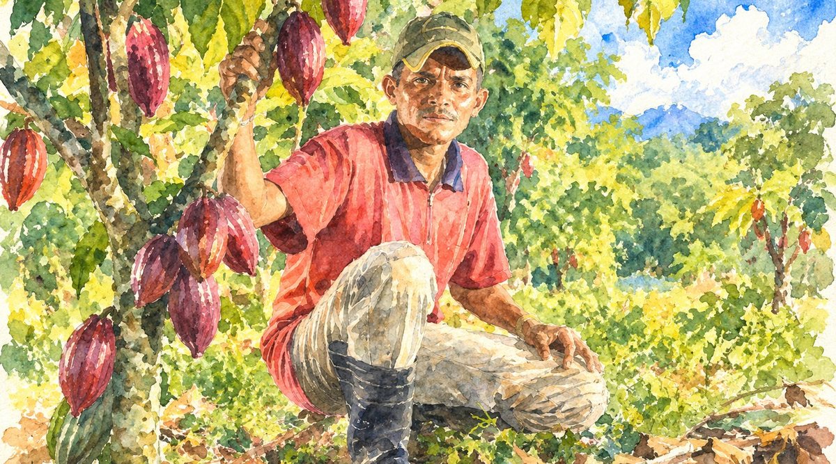 Aquarela: agricultor agachado entre cacaueiros carregados de frutos vermelhos.