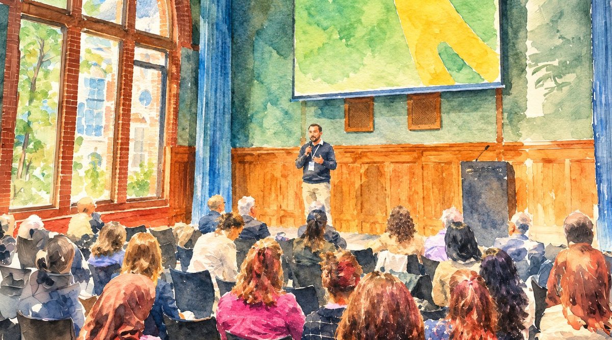 Aquarela: palestrante em pé diante de uma plateia sentada, em um salão com janelas e uma tela de projeção.