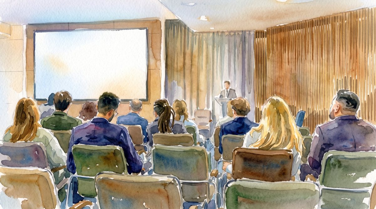 Aquarela: plateia sentada em uma sala de conferências, de frente para um palestrante ao lado de uma tela.