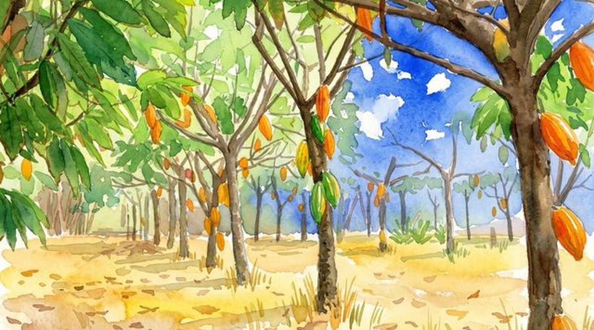 Aquarela: fileiras de cacaueiros carregados de frutos em uma área de plantio a pleno sol.