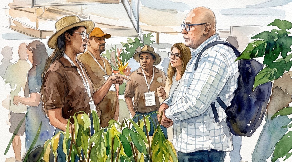 Aquarela: visitantes e expositores conversam entre as plantas de uma feira, alguns de crachá e chapéu de palha.