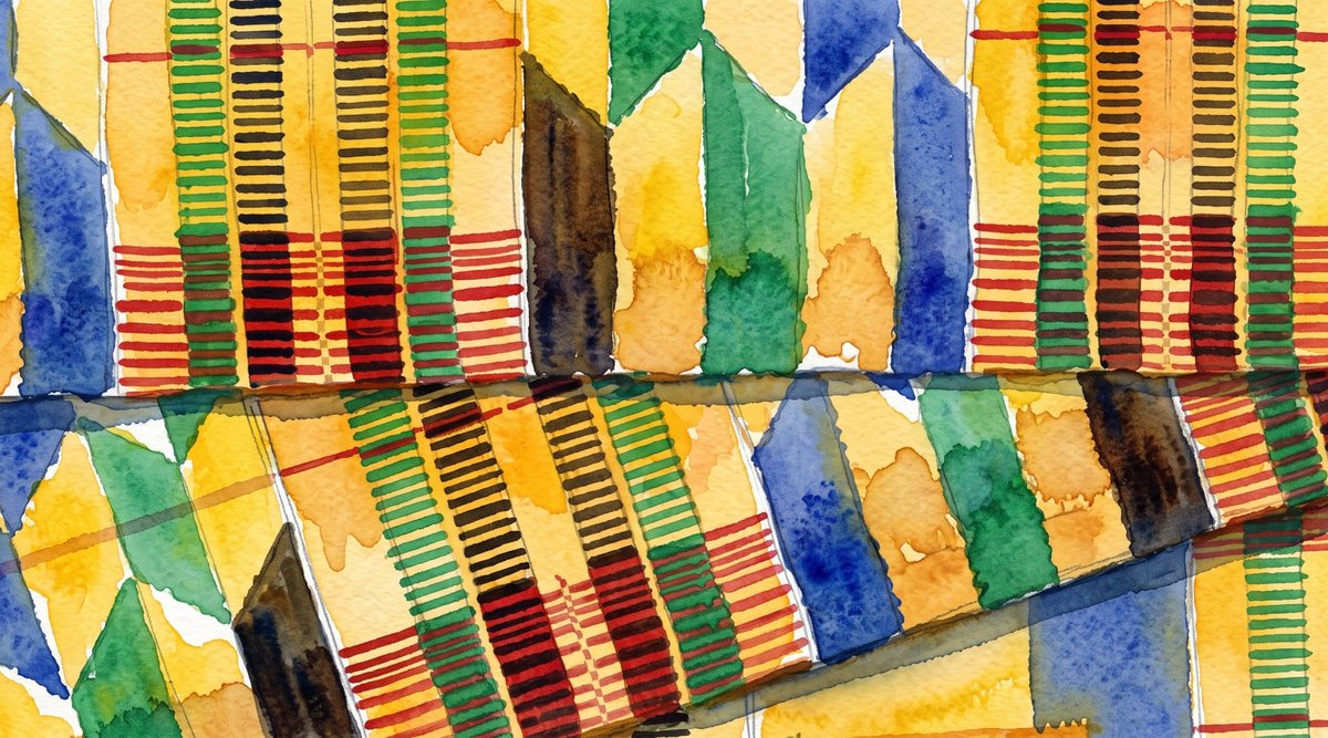 Aquarela: tecido kente de Gana, com faixas coloridas em azul, verde, amarelo e vermelho.