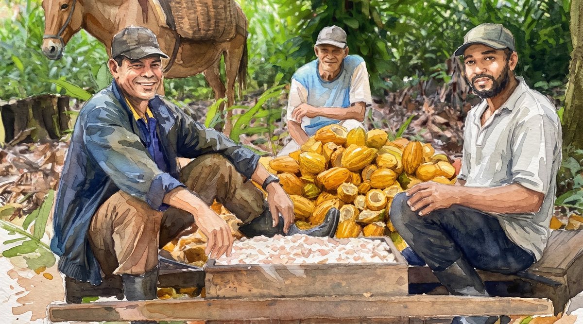 Aquarela: três homens sentados entre frutos de cacau abertos, em uma roça com um burro ao fundo.