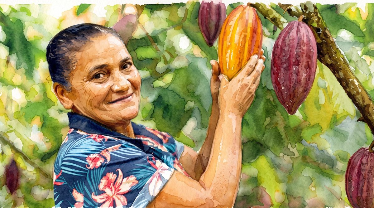 Aquarela: agricultora sorridente segura um fruto de cacau amarelo e laranja no cacaueiro.